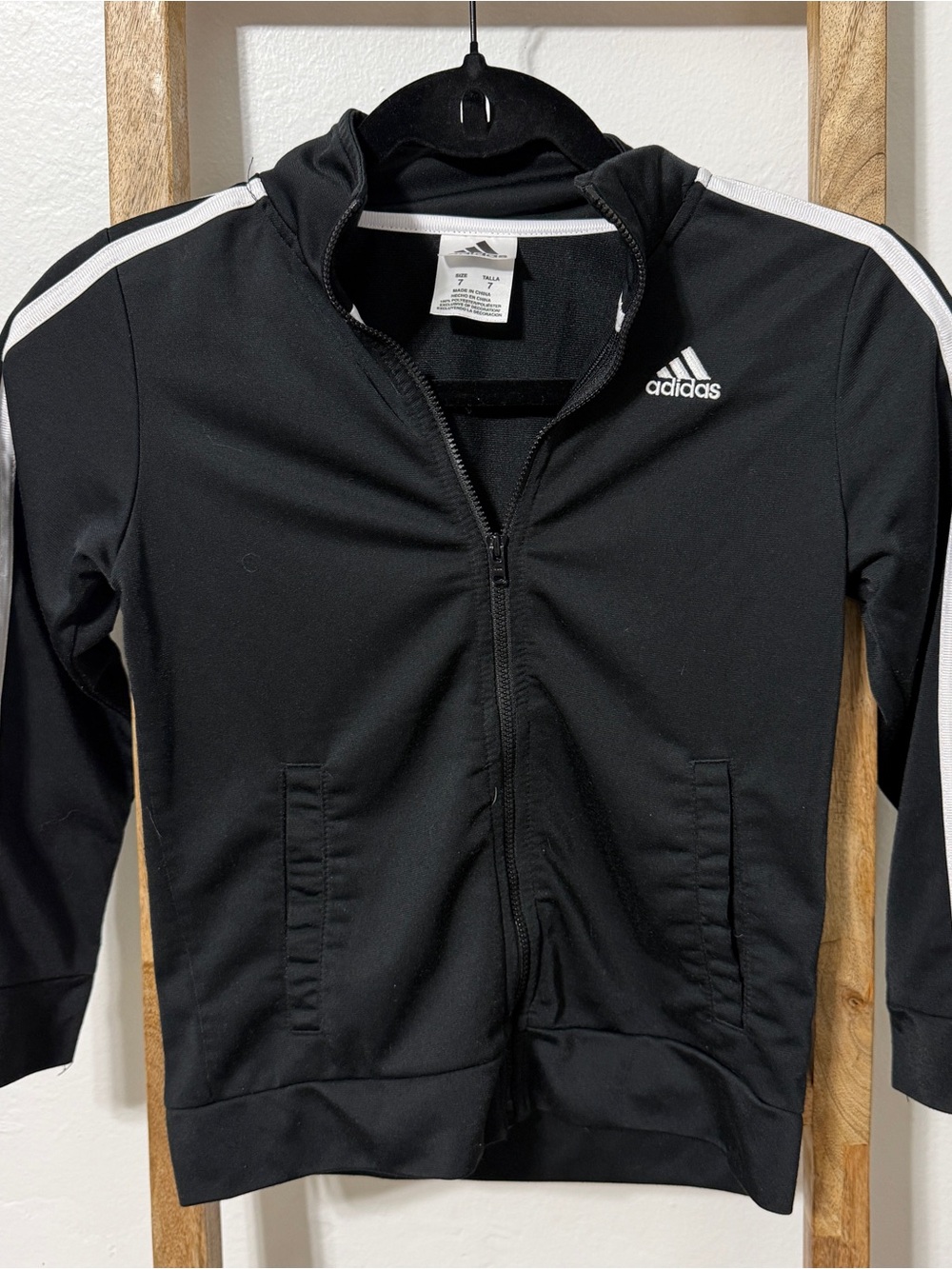 adidas Kids Black Zip-Up Jacket with White Stripes
